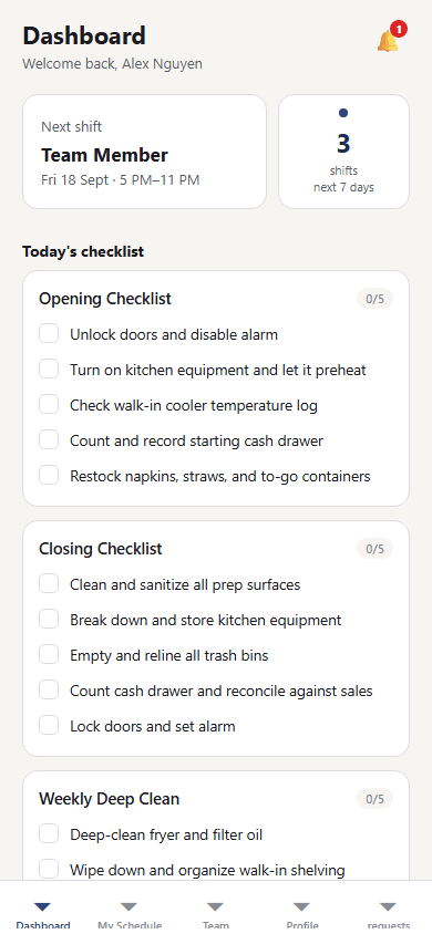 Employee dashboard on the mobile app, showing next shift and today's checklist
