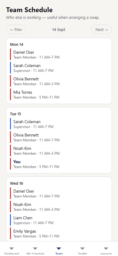 Team schedule on the mobile app, showing who else is working each day