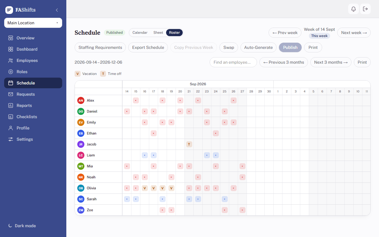 Roster view showing a 12-week letter-per-day overview with a vacation/time-off legend